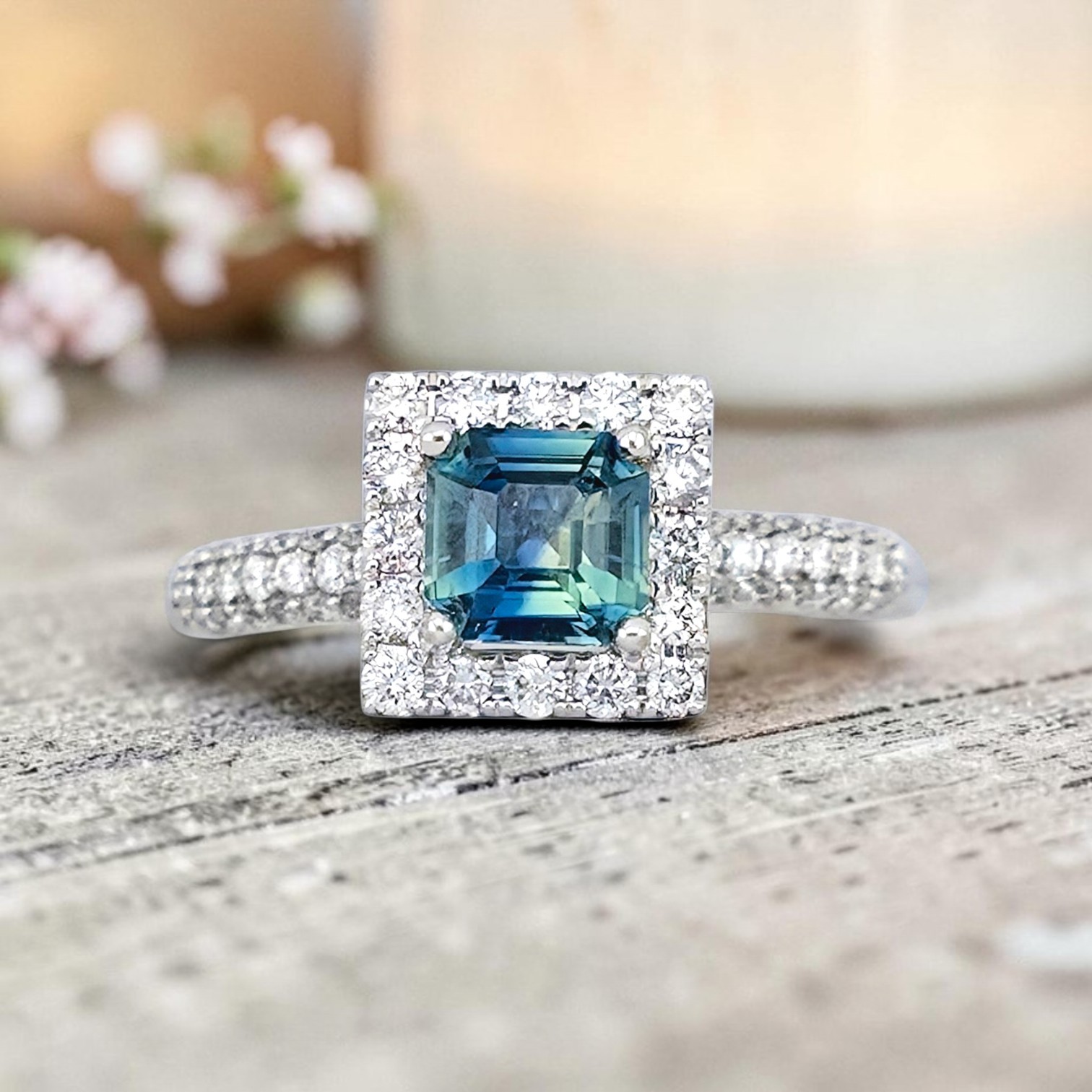 Repurposed vintage white gold ring with green zircon and natural diamonds, SKU K330